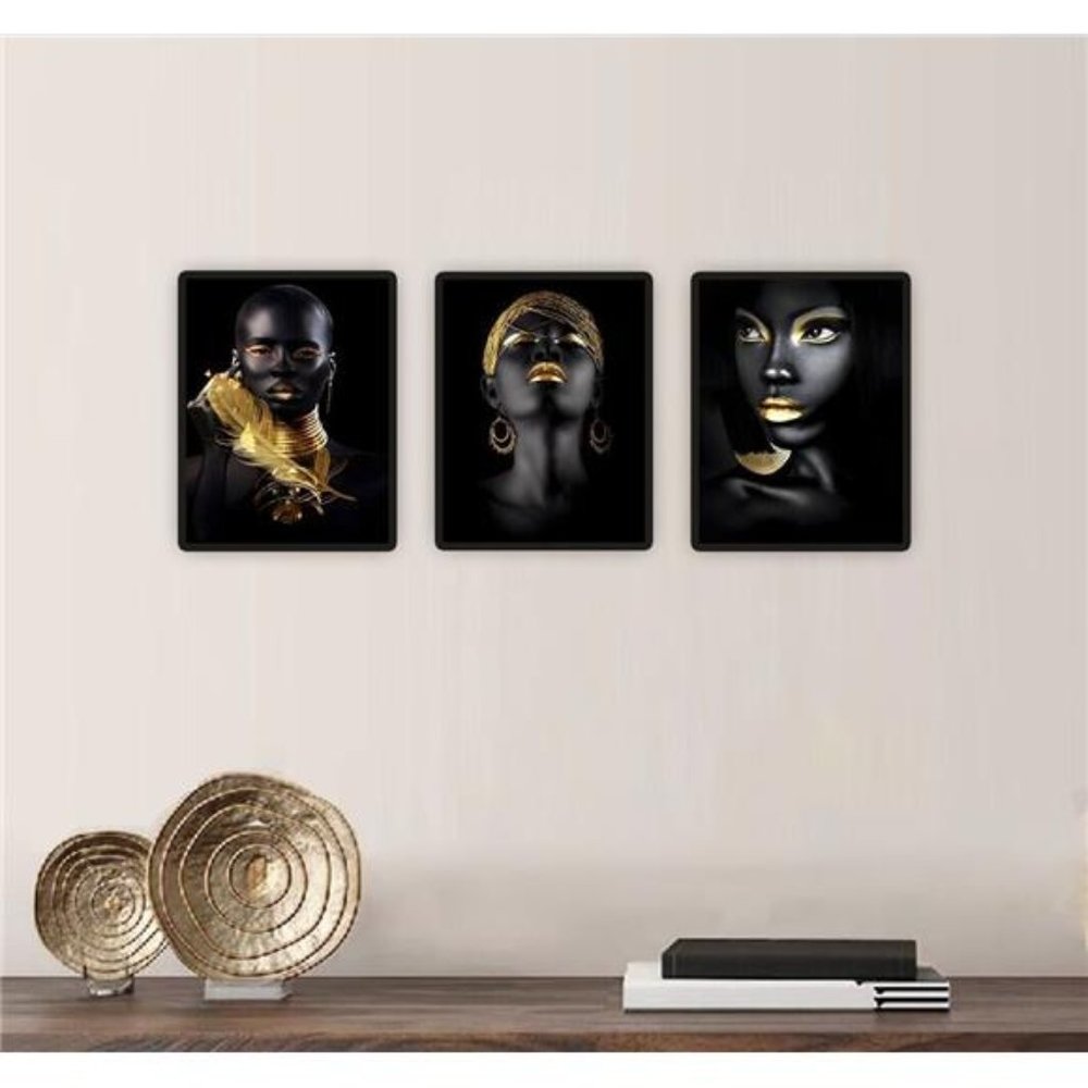 African Noir Ebony Black Girl Women Golden Makeup Portraits 3 Prints